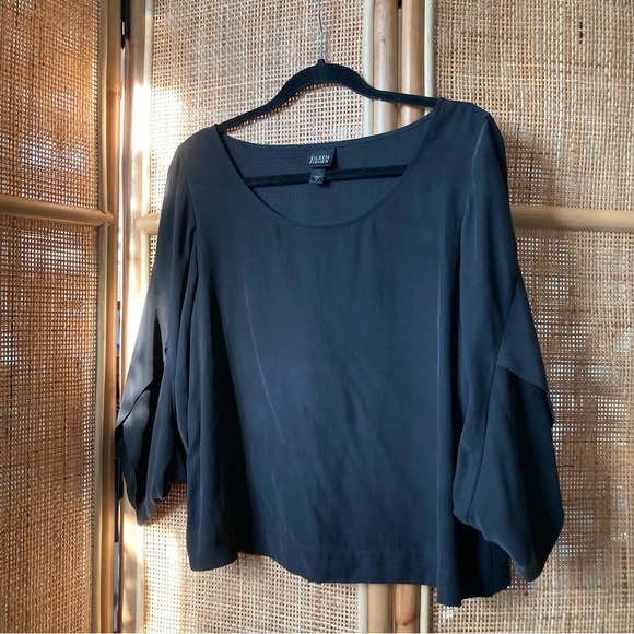 100% silk boat neck, tulip sleeve blouse, black, size S - Picture 2 of 3